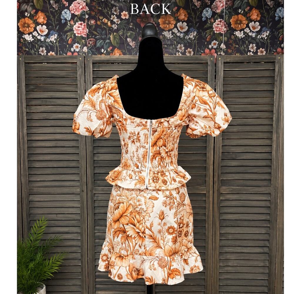 Vestique Flora Rust Floral Cotton Puff Sleeve Crop Top Mini Skirt Set L NWT - Picture 4 of 14